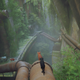 Three kittens walk along large pipes, in an overgrown concrete construction.